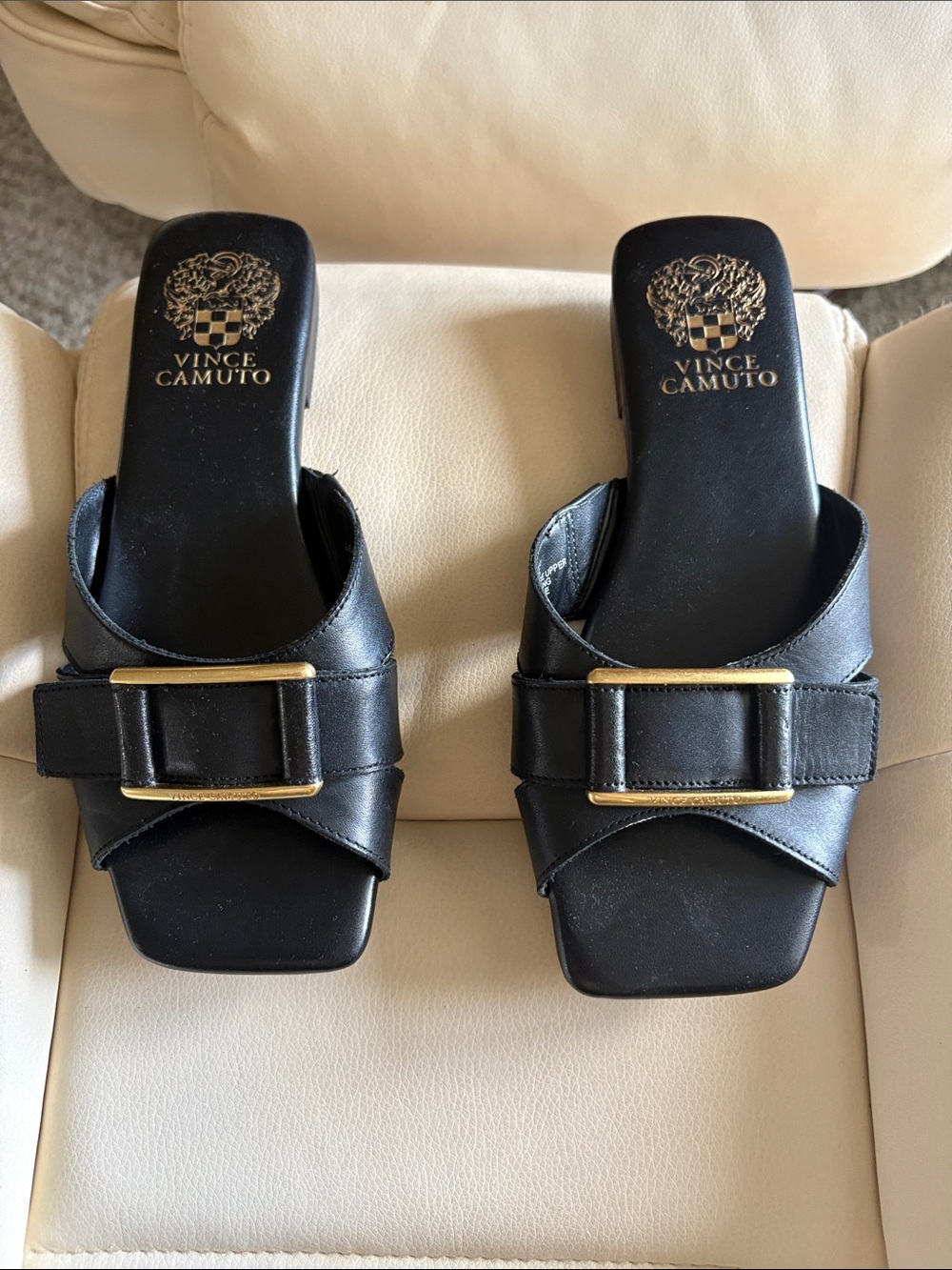 Vince Camuto Black Leather Slide Mules with Gold Buckle Accent